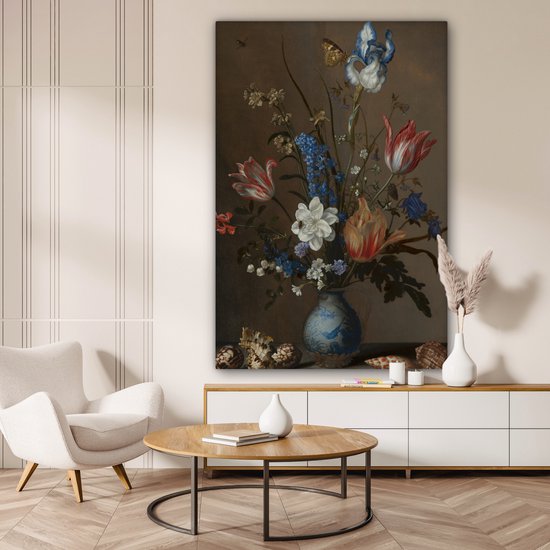 Peinture sur toile Fleurs dans un vase Wan-Li et coquillages - Peinture de Balthasar van der Ast - 120x180 cm - Décoration murale XXL