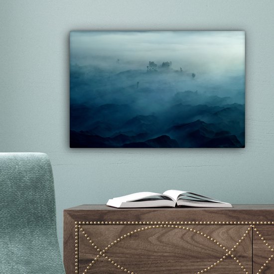 Peinture sur toile - Brume - Arbres - Berg - Blauw - Canvasdoek - Photo sur toile - 30x20 cm - Peintures sur toile