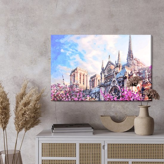 Peinture Roi - Toile Peinture Cathédrale Notre Dame Parmi Les Fleurs - 100 x 70 cm