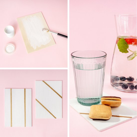 Collage: hout schilderen, hout met gouden lijnen, glas met fruitwater en koekjes.