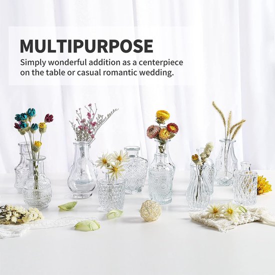 Lot De 12 Mini Vases En Verre Transparent - Pour Fleurs Fraîches Ou Séchées, Déco Table, Mariage, Bureau