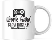 Kantoor Mok met tekst: Work hard play harder | Werk Quote | Grappige Quote | Funny Quote | Grappige Cadeaus | Grappige mok | Koffiemok | Koffiebeker | Theemok | Theebeker