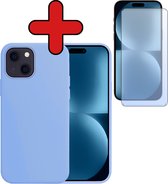 Hoesje Geschikt voor iPhone 15 Hoesje Siliconen Case Hoes Met Screenprotector - Hoes Geschikt voor iPhone 15 Hoes Cover Case - Lichtblauw