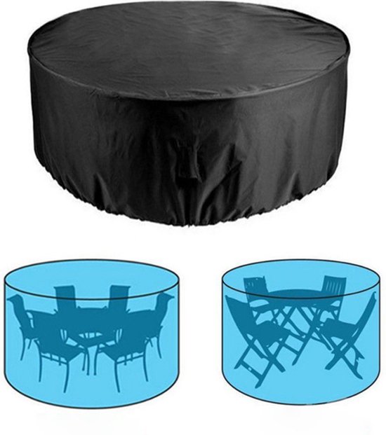 Zwarte ronde hoes voor tuinmeubilair met blauwe inzetstukken die toepassingen tonen.