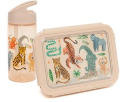 BEAU by Bo Petit Monkey Back to School set - Bentobox + Drinkfles Upside Down Animals - Beige