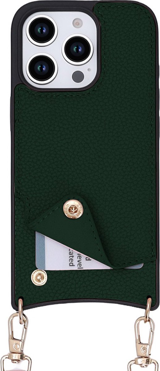 CaseBoutique Backcase hoesje geschikt voor iPhone 16 Pro Max - Effen Groen - Kunstleer - met Crossbody Koord & Pashouder