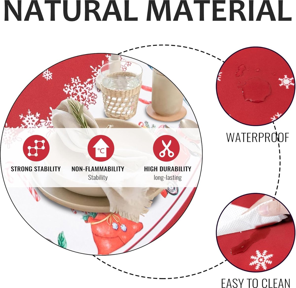 Kersttafelkleed - Rond waterdicht en vlekbestendig tafelkleed - Kerstsneeuwvlok Sneeuwpop Tafelkleed - Perfect voor familiebijeenkomsten Kerstdiner Vakantie Feest Woondecoratie - 150cm – foto 4
