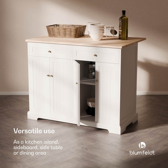 Blumfeldt Etsu Îlot de cuisine Plan de travail extensible 2 tiroirs 4 Portes Peut servir de table à manger Espace de rangement - Wit