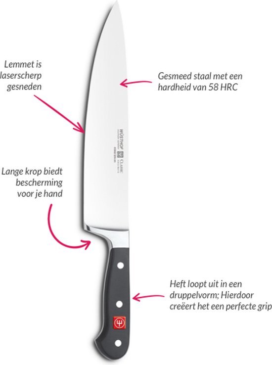 Wusthof koksmes met de tekst: 'Lemmet is laserscherp gesneden', 'Gesmeed staal met een hardheid van 58 HRC', 'Lange krop biedt bescherming voor je hand', 'Heft loopt uit in een druppelvorm; Hierdoor creëert het een perfecte grip'.