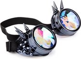 KIMU Goggles Steampunk Bril Met Spikes - Gunmetal Antraciet Montuur - Caleidoscoop Glazen - Spacebril Space Caleidoscope Holografisch Chroom Donkerzilver Festival