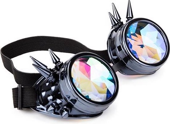 Foto: Kimu goggles steampunk bril met spikes gunmetal antraciet montuur caleidoscoop glazen spacebril space caleidoscope holografisch chroom donkerzilver festival