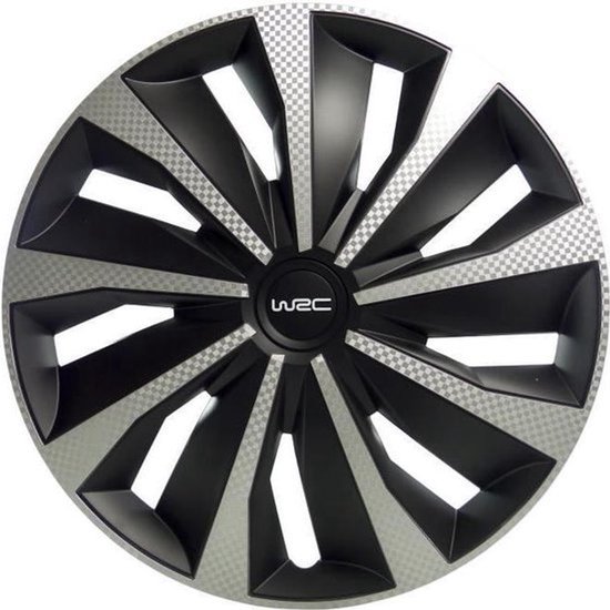 WRC wieldop 16 inch, zwart met carbonlook en zilverkleurige details.
