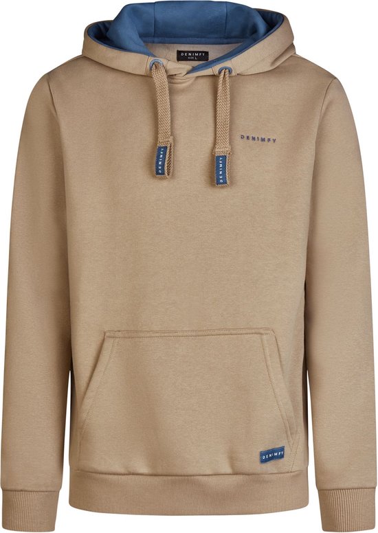 Beige DENIMFY hoodie met blauwe binnenkant in de capuchon, trekkoorden met merknaam en kangoeroezak.