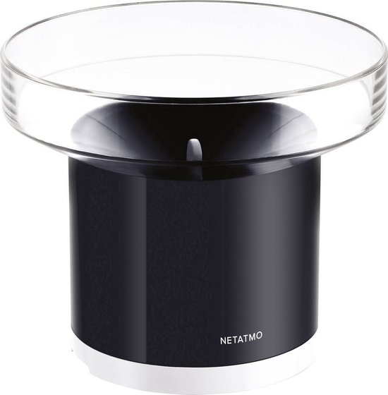 Netatmo Slimme Regenmeter, zwart met witte basis en glazen trechter, op een witte achtergrond.