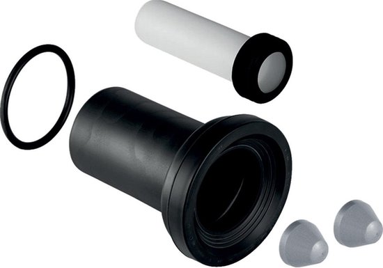 Zwart aansluitgarnituur voor wandcloset met een rubberen ring, twee grijze dopjes en een witte verlengbuis.