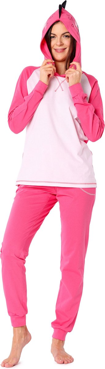 Ladeheid Dames Pyjama - met Capuchon - Lange mouwen - Lange broek - Katoen - LA-LA40-238-PJ - Donkerroze Dino
