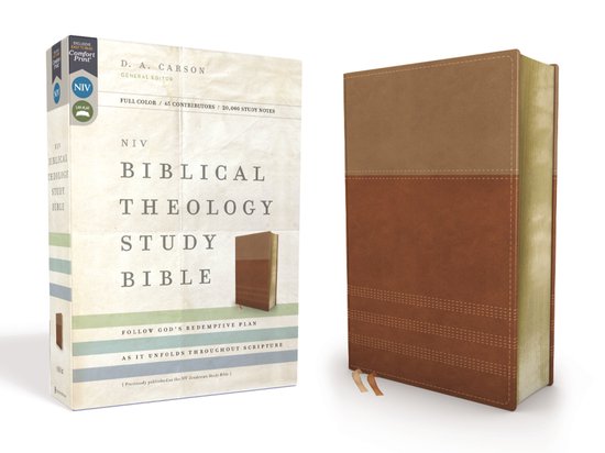 NIV Bijbelse Theologie Studie Bijbel met een bruin/tan leren kaft, met stiksels en twee leeslinten.