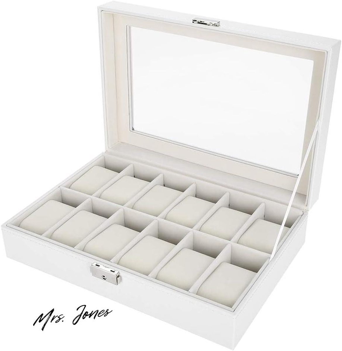 Mrs. Jones Horloge Display Organisator - Horlogedoos 12 Roosters PU Lederen Horloge Houder - Sieraden Display Horloge Opbergtas PU Leer Wit 305 * 205 * 8cm .