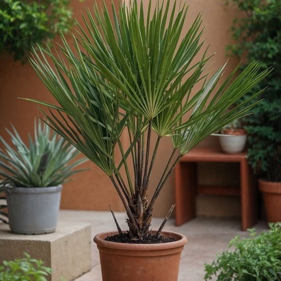 Een Chamaerops Humilis in een terracotta pot op een patio.