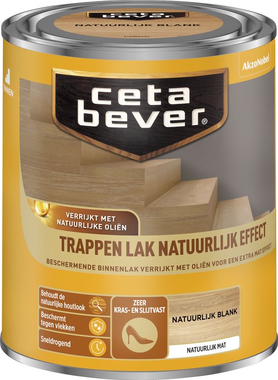 Blik met CetaBever Trappenlak Natuurlijk Effect, verrijkt met natuurlijke oliën, Natuurlijk Blank.