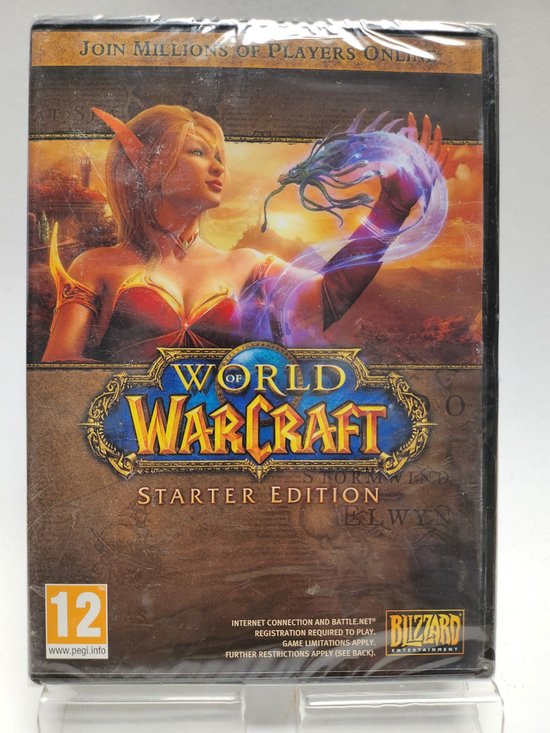 World of Warcraft Starter Edition doos met een elfachtige vrouw en een draak.