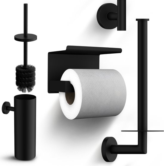 Mirlux Badkameraccessoireset - Toiletborstel met houder - Toiletrolhouder - Wc Rolhouder zonder boren - Handdoekhaakjes Zelfklevend - Reserverolhouder - Toiletborstelhouder - Zwart