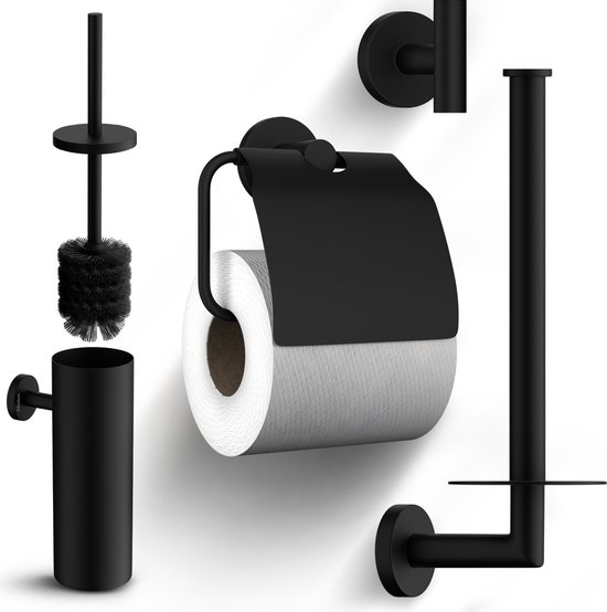 Mirlux Badkameraccessoireset - Toiletborstel met houder - Toiletrolhouder - Wc Rolhouder - Handdoekhaakjes - Reserverolhouder - Zwart