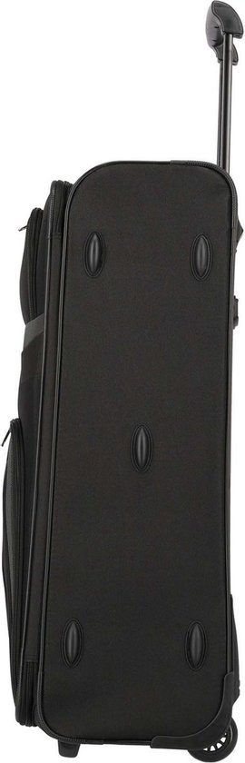 Bas d'une valise noire avec roues.