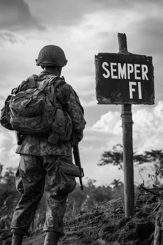 Semper Fi Poster - Tekst - Oorlog - Soldaat - Zwart Wit - Herinnering - Militair - Legendarische - Iconisch - posters - formaat 60x90cm - Wanddecoratie - 4847