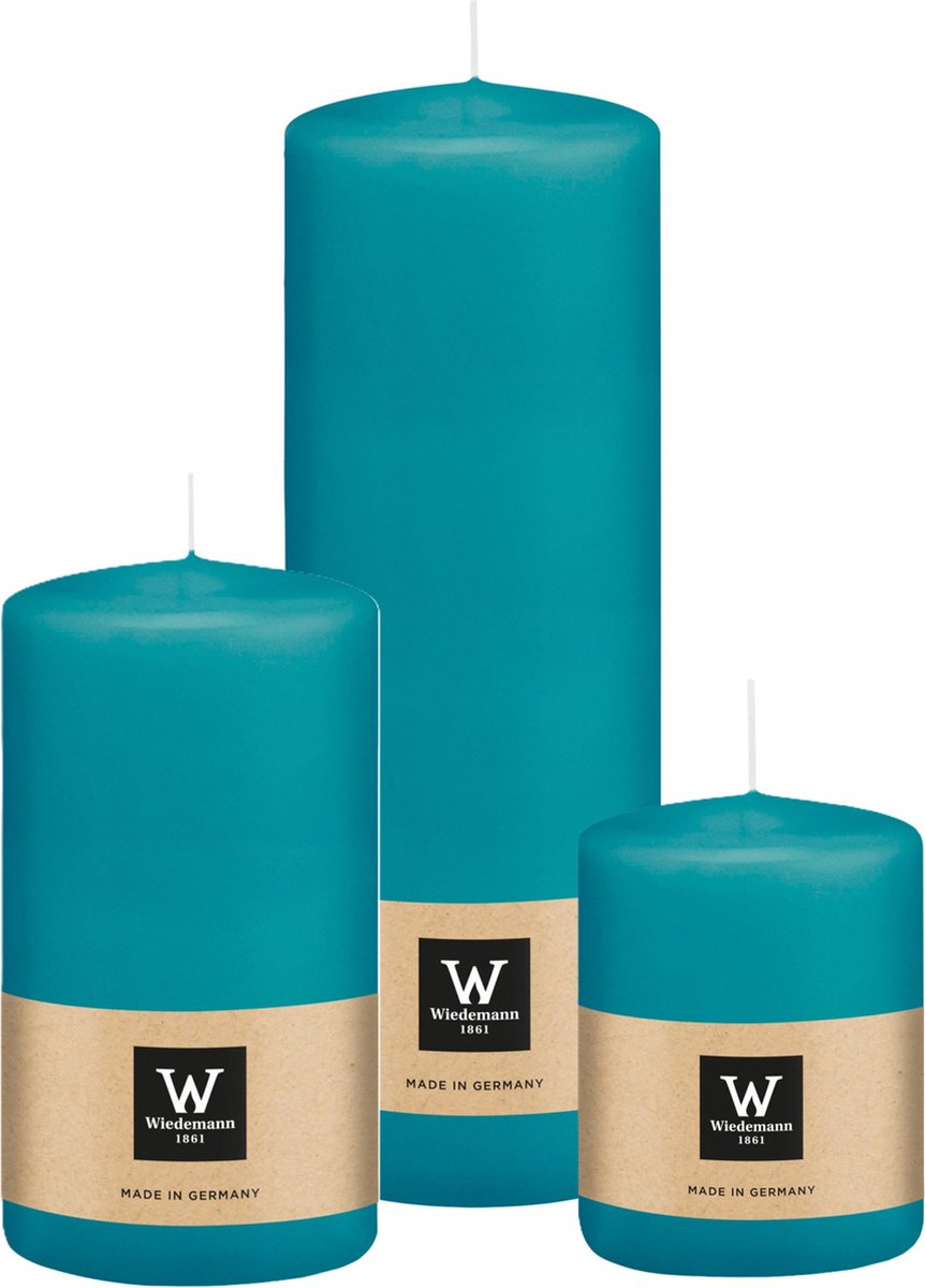 Wiedemann Cilinderkaarsen/stompkaarsen - set van 3 - turquoise - 6x8/7x13/7x20 cm