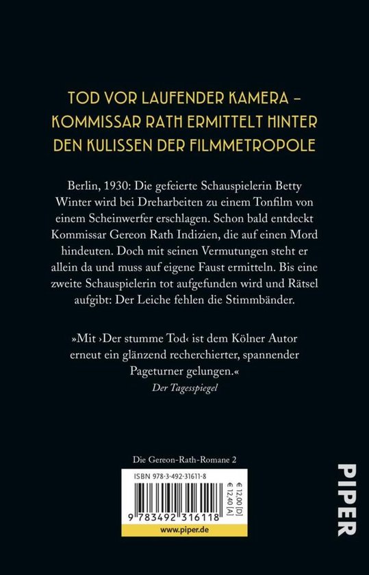 Boekcover: "TOD VOR LAUFENDER KAMERA - KOMMISSAR RATH ERMITTELT HINTER DEN KULISSEN DER FILMMETROPOLE". Tekst over de plot en recensies.