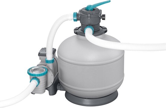 Grijze zandfilterpomp met turquoise accenten. De pomp is verbonden met de grote tank via witte slangen.