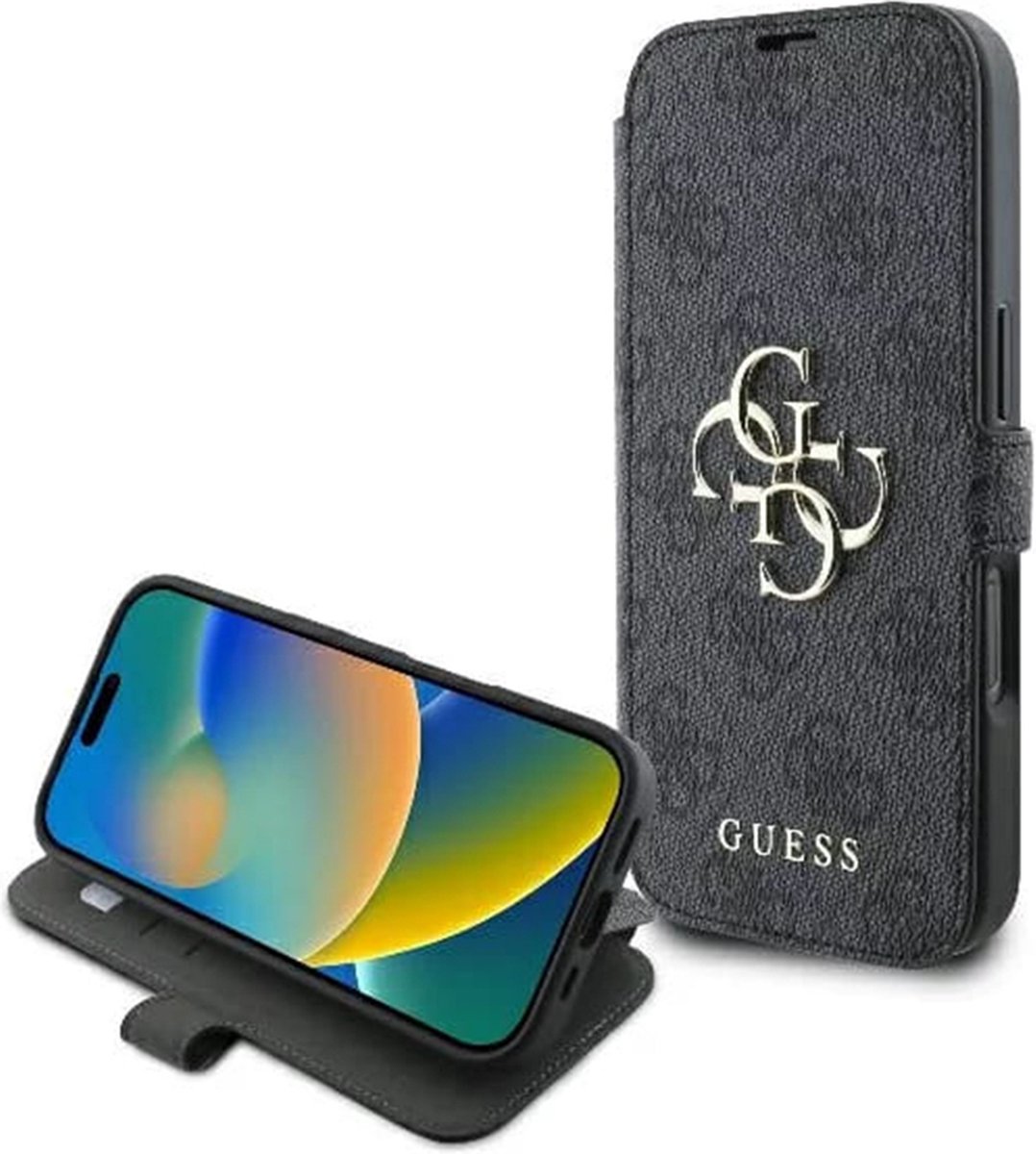 Guess 4G Big Metal Logo Book Wallet Case hoesje voor Apple iPhone 16 Pro - Zwart