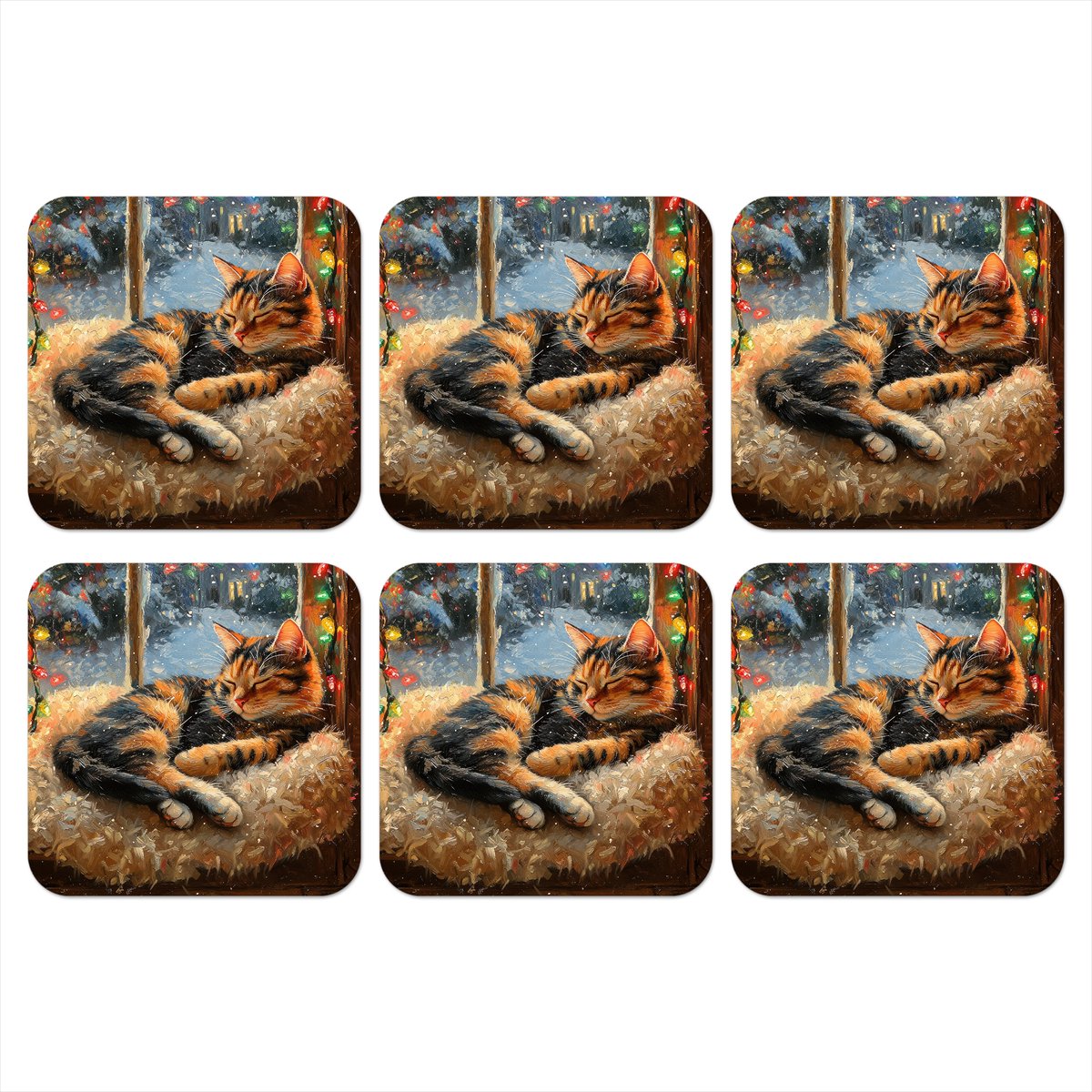 Onderzetters voor glazen - Kat - Kerst - Winter - Dier - 10x10 cm - Glasonderzetters - 6 stuks
