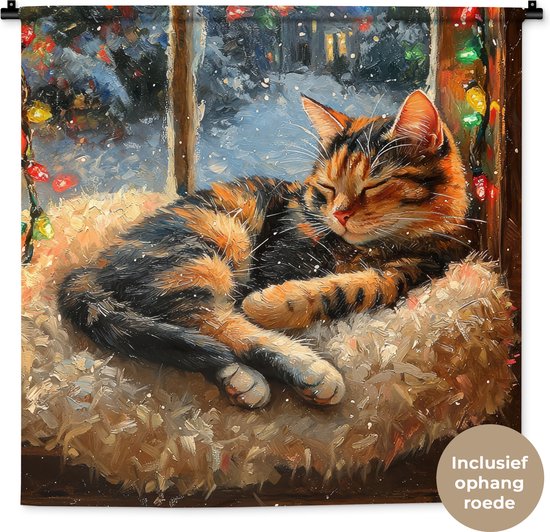 Une peinture d'un chat tigré roux dormant sur une épaisse fourrure crème, avec des arbres enneigés et des guirlandes de Noël colorées en arrière-plan.