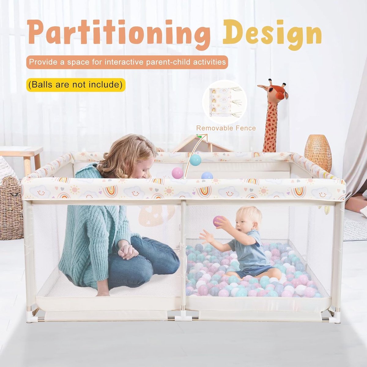 150 x 150 cm Babybox met kinderdesign, modulair en opvouwbaar