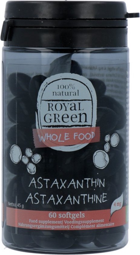 Doseerfles met 60 donkere softgels van Royal Green Astaxanthine.