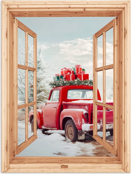 Poster 90x120 cm - Doorkijk - Auto - Kerst - Cadeaus - Winter - Landschap - Posters - Kamer decoratie - Wanddecoratie woonkamer - Muurdecoratie slaapkamer - Kerstversiering - Kerstdecoratie voor binnen - Kerstmis