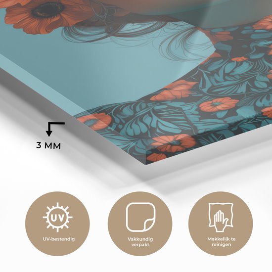 MuchoWow® Glasschilderij 30x40 cm - Schilderij acrylglas - Vrouw - Blauw - Vlinder - Bloemen - Aesthetic - Foto op glas - Muurdecoratie woonkamer - Wanddecoratie slaapkamer - Schilderijen