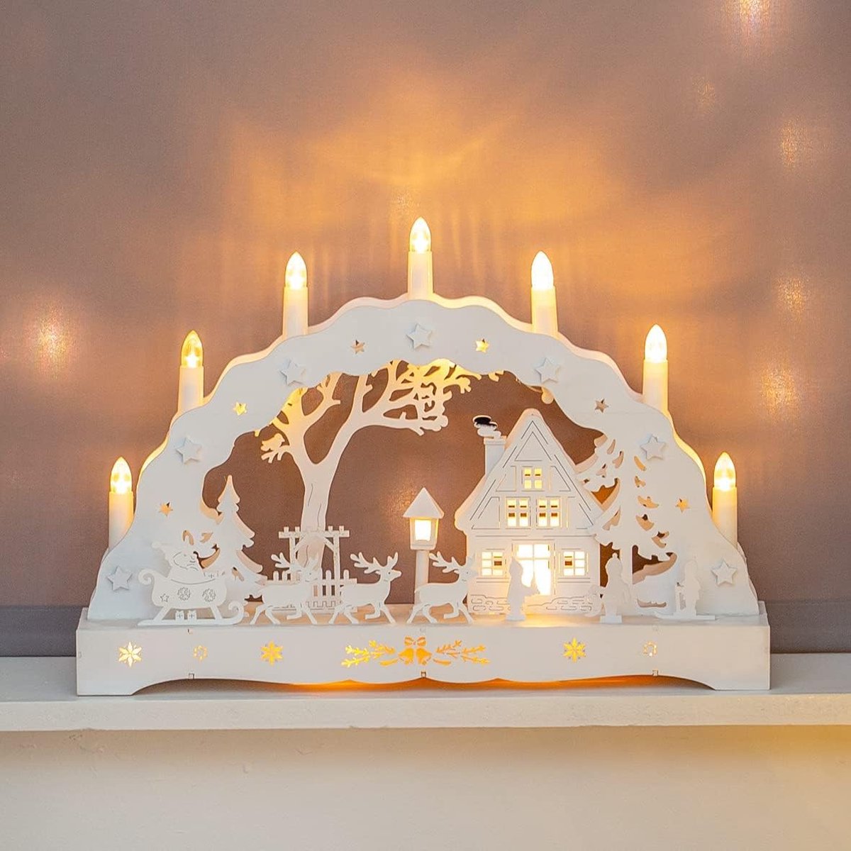 Betoverende Verlichte Kaarsenbrug Voor Een Warme Kerstsfeer - 7 Witte Kaarsen - Perfecte Indoor Decoratie!