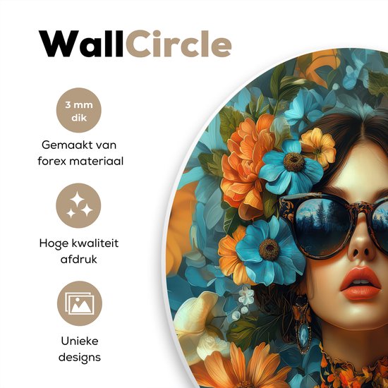 WallCircle® Wandcirkel 60x60 cm - Muurcirkel Vrouw - Bloemen - Oranje - Blauw - Modern - Muurdecoratie woonkamer - Wanddecoratie slaapkamer - Kamer decoratie accessoires - Ronde schilderijen