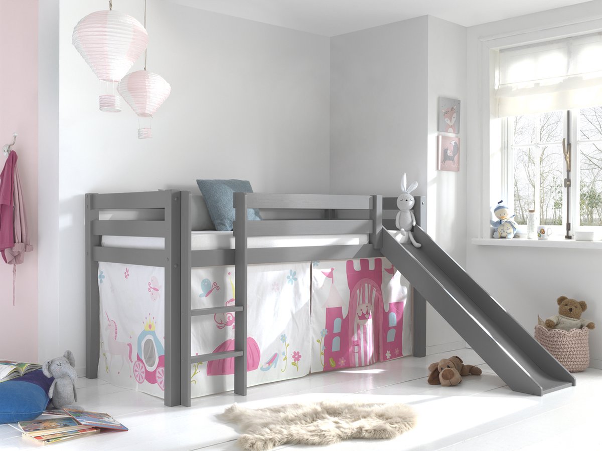 LUCEVI - Pino Halfhoogslaper + Ladder + Glijbaan + Princess Gordijntjes - Grijs - 90x200 cm