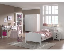 LUCEVI - Amori bed + Lattenbodem + Nachtkastje + 2 Deurs Kleerkast + Bureau + Boekenkast - Wit - 90x200 cm