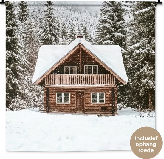 Wandkleed 120x120 cm - Wanddoek Huis - Bos - Winter - Natuur - Sneeuw - Wandtapijt - Wandkleden