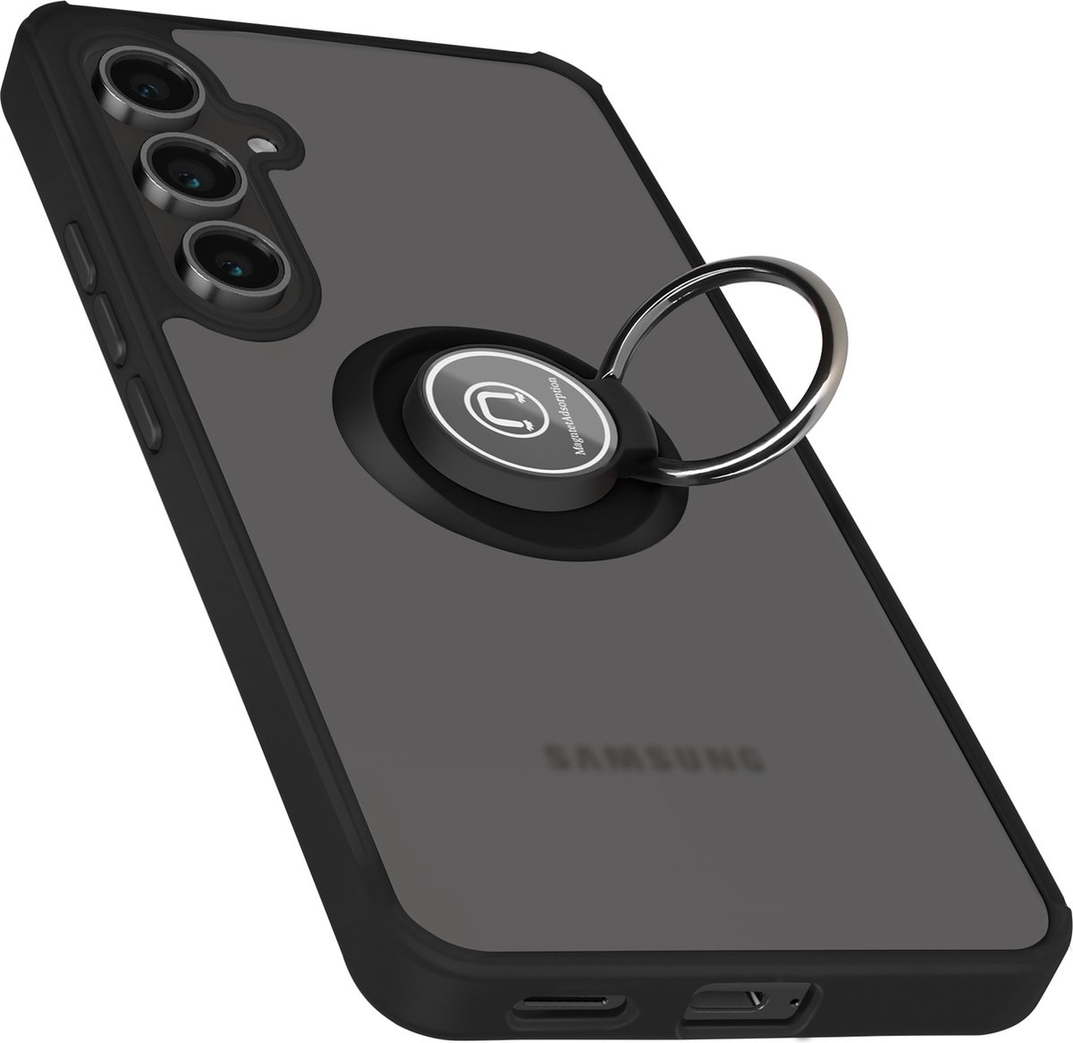 Avizar Hoesje Geschikt voor Samsung Galaxy S24 FE Metalen Ring Videohouder, Zwart