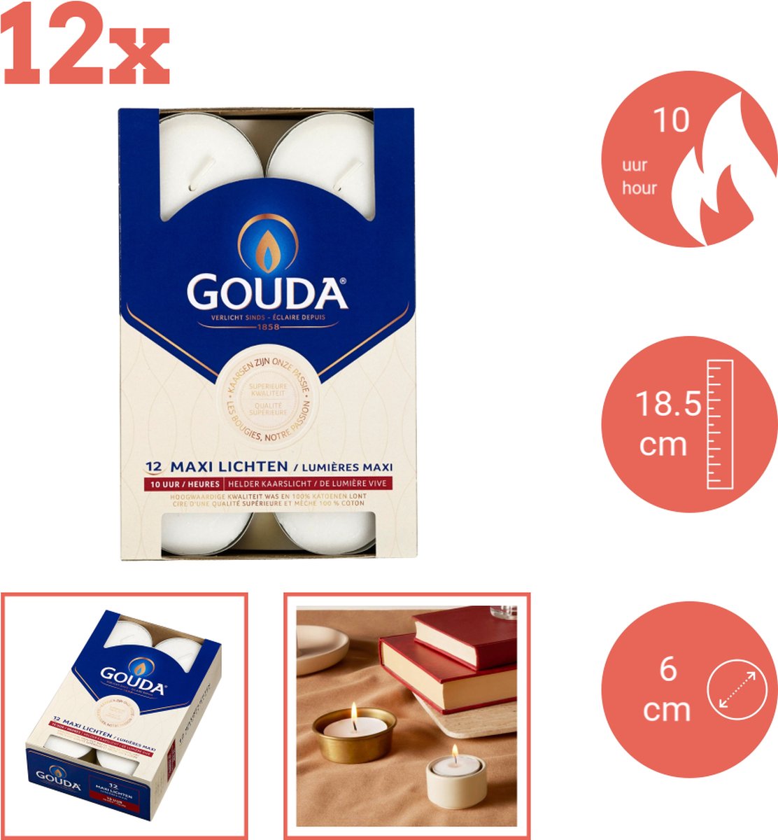 Gouda - Maxi - Theelichten - 12 stuks per verpakking - Doos - Voordeelverpakking - 144 stuks - 12 verpakkingen