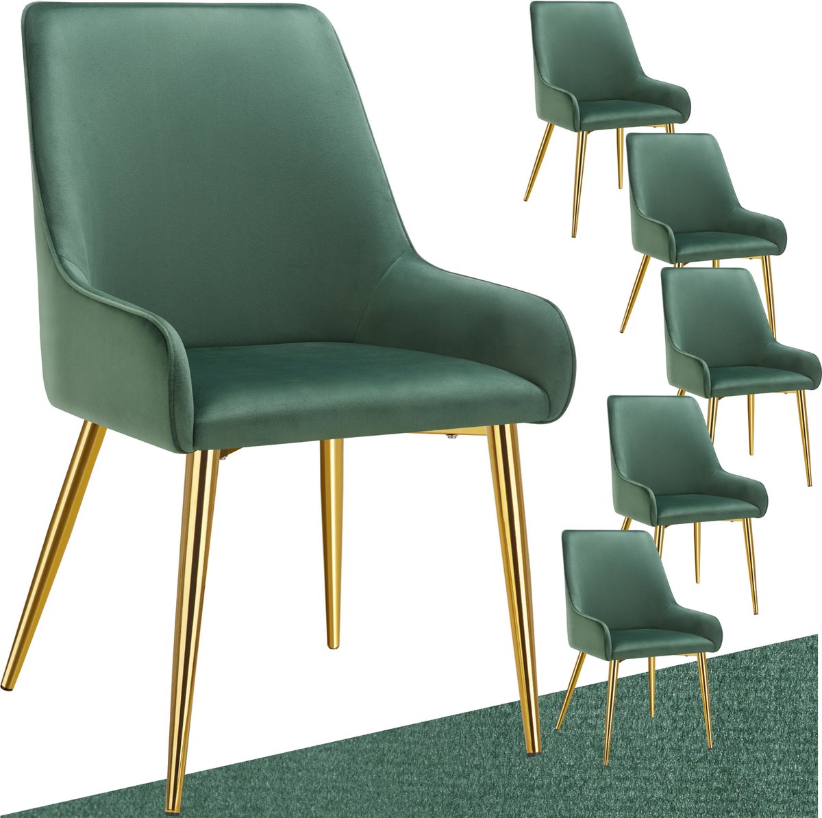 Tectake Eetkamerstoel Avane - Fluweeloptiek - Ergonomische gestoffeerde stoel met gouden stalen poten - Draagkracht 120 kg - Moderne eetkamer- en keukenstoel - Set van 6 - Groen