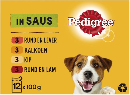 Hondenvoer in saus met rund en lever, kalkoen, kip en rund en lam. Een vrolijke hond kijkt uit de verpakking.