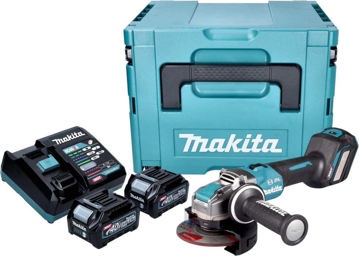 Makita GA 041 GD201 Accu haakse slijper 40 V max. 125 mm X-LOCK Brushless + 2x accu 2,5 Ah + lader + Makpac