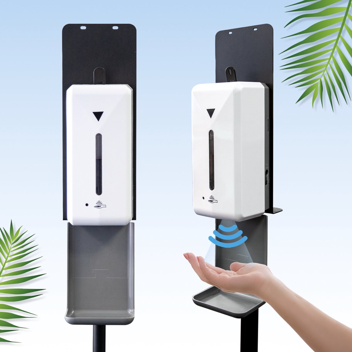 Toolbrothers contactloze automatische ontsmettingsmiddeldispenser sensor rechtop, 1000ml tank, in hoogte verstelbaar, werkt op netstroom en batterij voor openbare faciliteiten